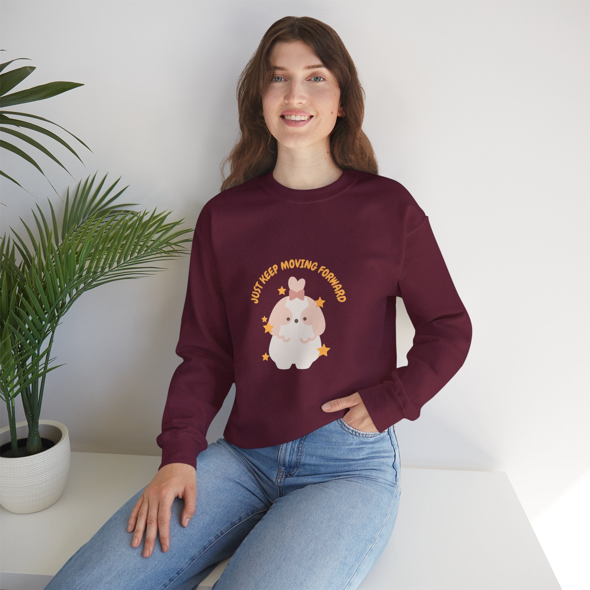 Crewneck Sweatshirt — Cute Kawaii Stars Design "Just Keep Moving Forward"