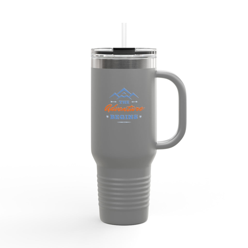 40oz Insulated Travel Mug — “The Adventure Begins” Mountain Stainless Tumbler