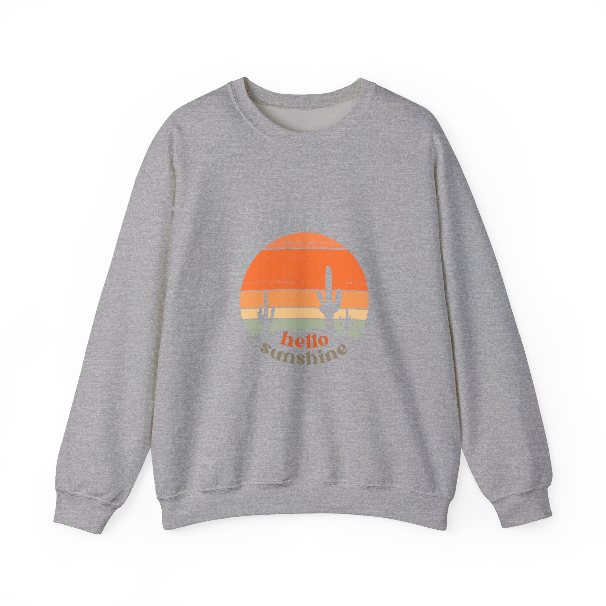 Hello Sunshine Crewneck Sweatshirt — Retro Sunset Cactus Graphic