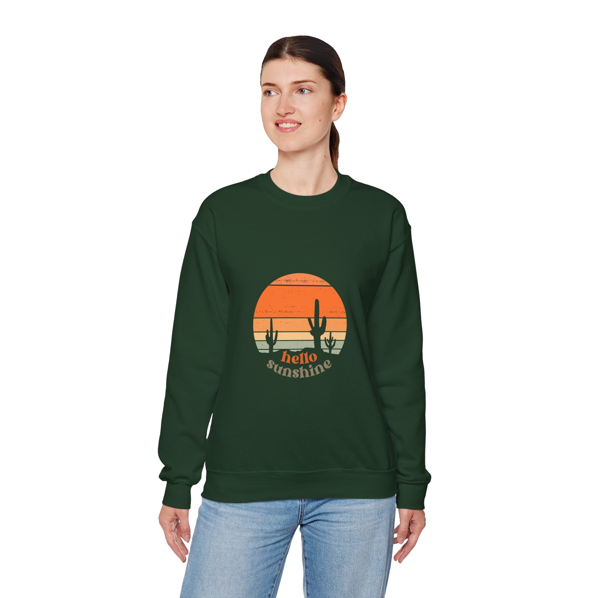 Hello Sunshine Crewneck Sweatshirt — Retro Sunset Cactus Graphic