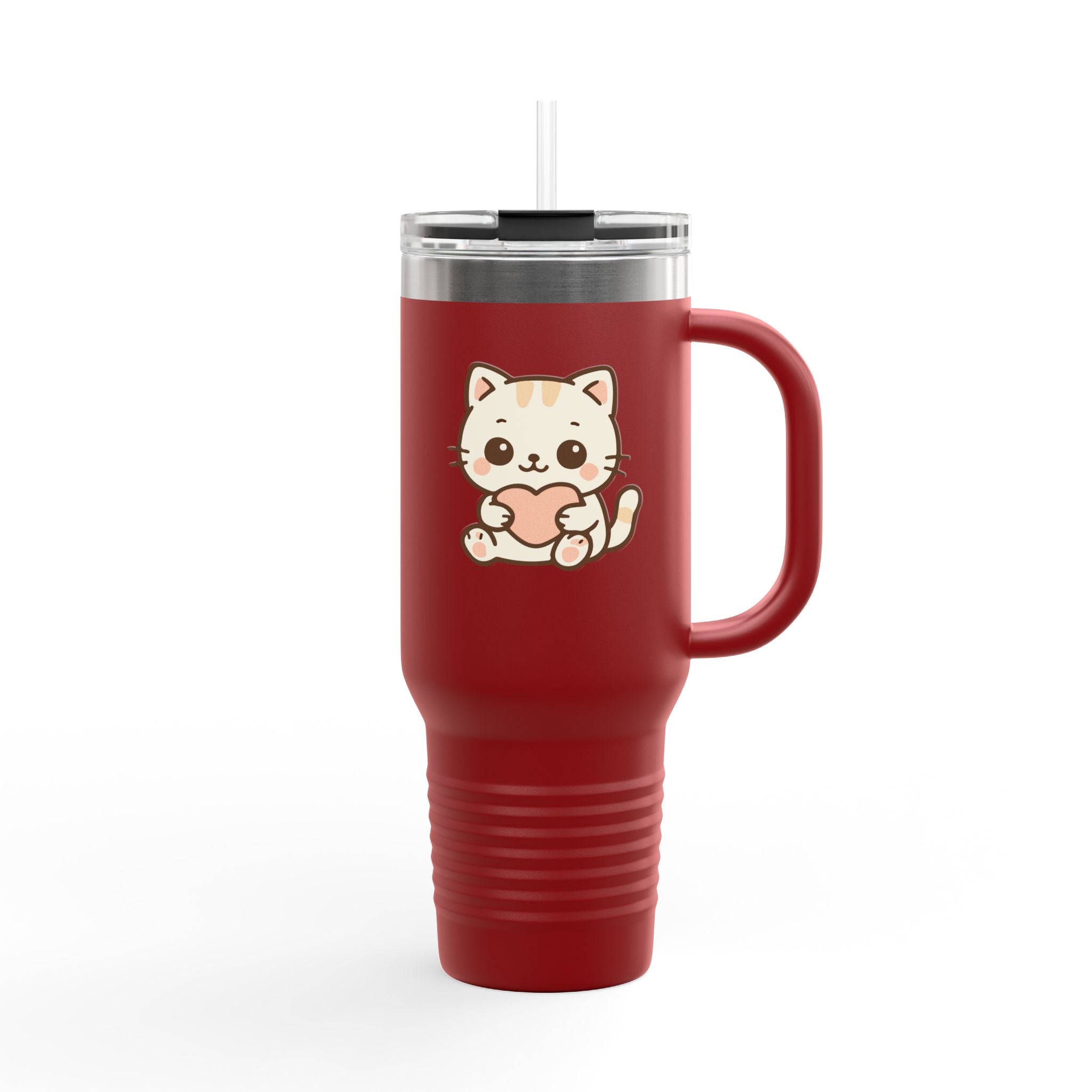40oz Insulated Travel Mug Tumbler— Cute Kawaii Kitten Holding Heart