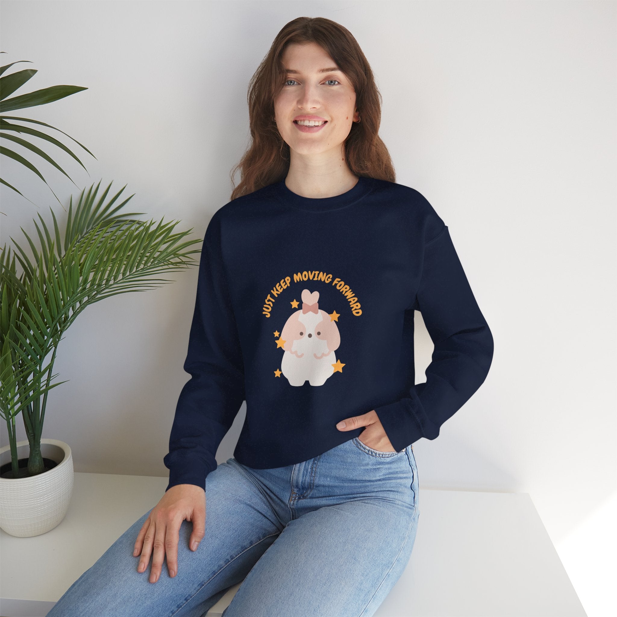 Crewneck Sweatshirt — Cute Kawaii Stars Design "Just Keep Moving Forward"
