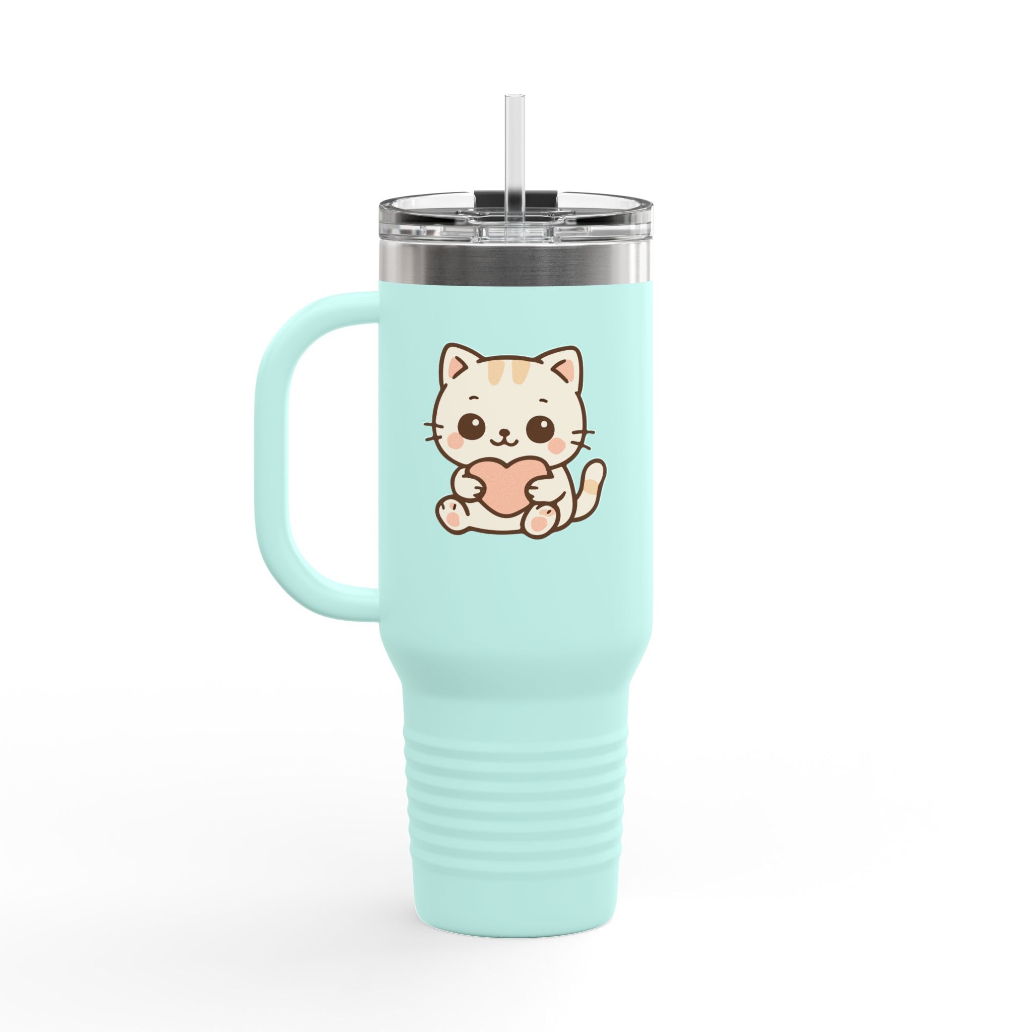 40oz Insulated Travel Mug Tumbler— Cute Kawaii Kitten Holding Heart