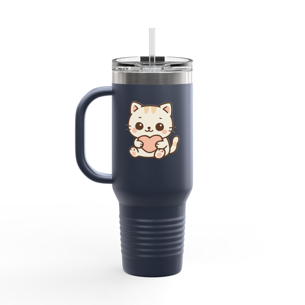 40oz Insulated Travel Mug Tumbler— Cute Kawaii Kitten Holding Heart