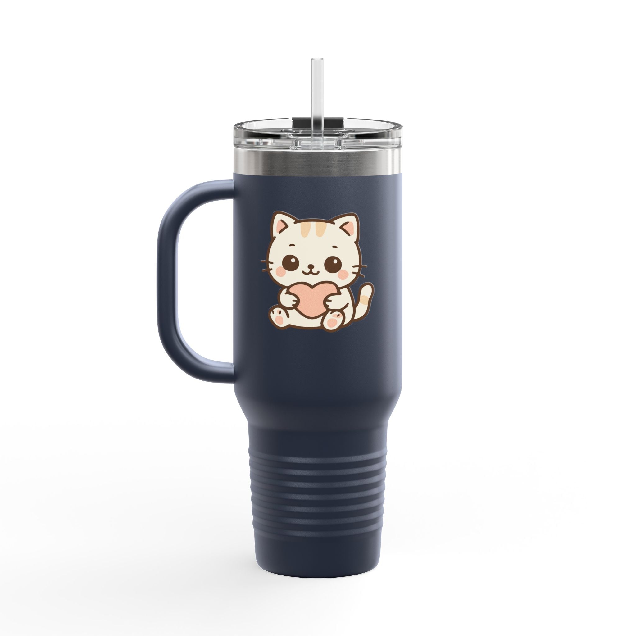 40oz Insulated Travel Mug Tumbler— Cute Kawaii Kitten Holding Heart