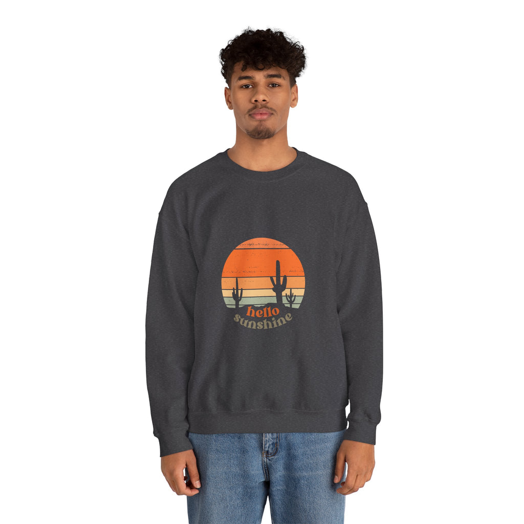 Hello Sunshine Crewneck Sweatshirt — Retro Sunset Cactus Graphic